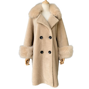 Winter Women Belt Trench Coat Sheepskin Shearing Purple Sheep Shearlong Fur Long Coat Women