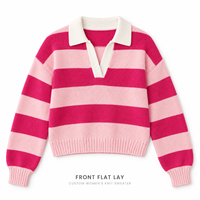 Pull en tricot rayé personnalisé pour femme, col contrastant, col en V, manches longues, pull court pour tenues décontractées quotidiennes