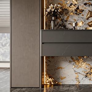 Credenza Moderna di Lusso MUJU per Camera da Letto con Luce LED, <span class=keywords><strong>Effetto</strong></span> <span class=keywords><strong>Marmo</strong></span>, 5 Cassetti, Impiallacciatura in Legno, Dettagli Dorati, Mobile Contenitore - Product Image 4