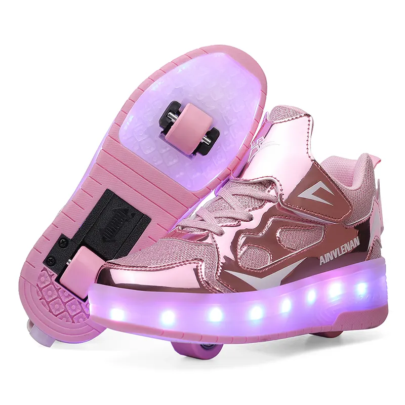 Double Wheels LED USB Charging avec 7 Couleurs Light Up Fashion Sneakers Boys Roller Shoes for Girls Kids