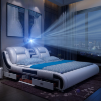 Lit intelligent en cuir avec haut-parleur, purificateur d'air, projecteur, lit moelleux de luxe, taille king, rembourré, multifonctionnel, en promotion