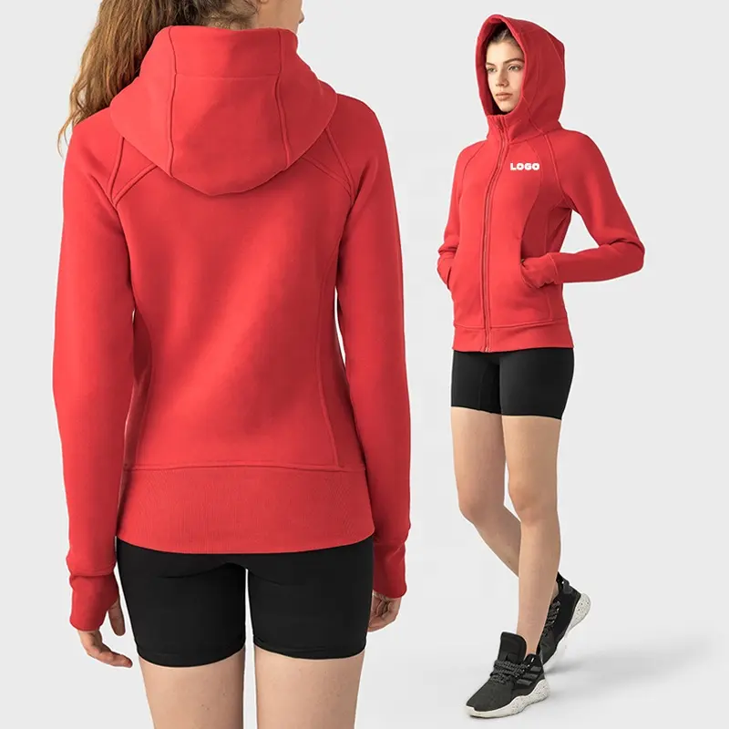 Bayan uzun kollu polar astarlı Hoodie ceket tam Zip başparmak deliği rüzgar geçirmez tişörtü kalın dış giyim eğitim spor ceket