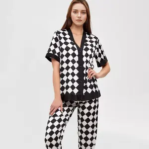 2024 Spring New Black Plaid Comfortable Short Sleeved Long Pants Pajamas Two Piece Set Home Wear for Women