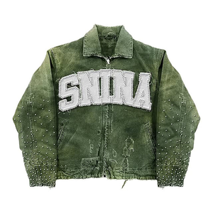 Chaqueta de hombre de lona de sarga de algodón y mezclilla rasgada gruesa lavada con logotipo bordado parche desgastado personalizado del fabricante - Product Image 2