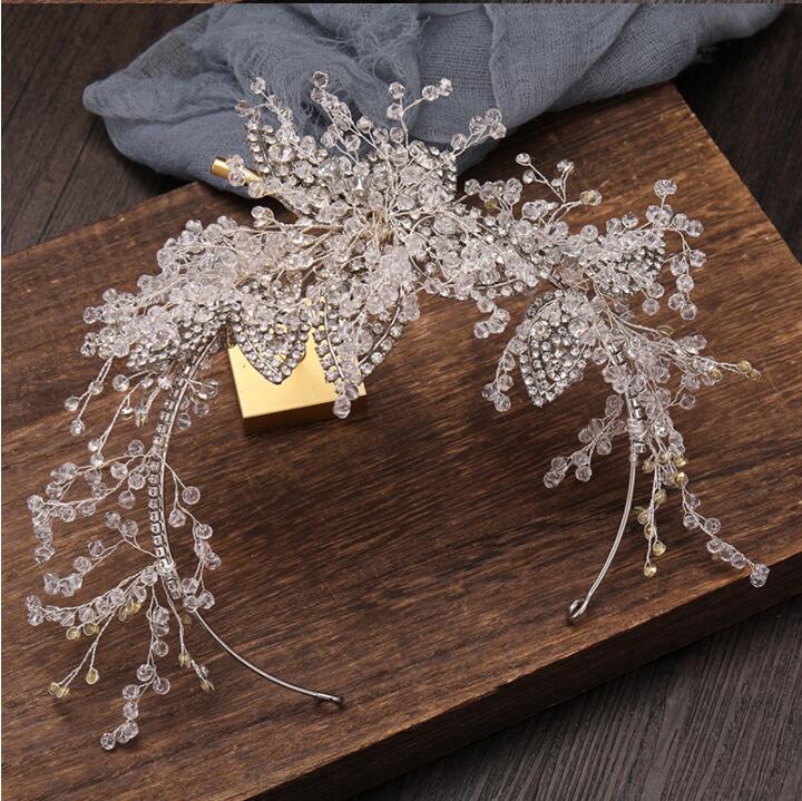 Свадебная тиара с прозрачными кристаллами, головной убор для невесты ручной работы, цветочный лист, украшения для волос, повязка на голову, аксессуары для волос для невесты