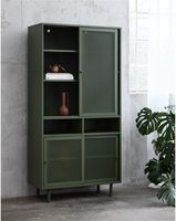 Meuble TV contemporain en fer avec portes coulissantes, étagères réglables, vert olive, design moderne pour salon, usage domestique 5+