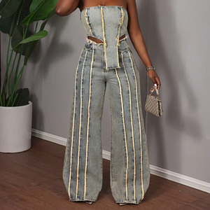 Jeans amples taille haute pour femmes, motif vintage à carreaux, <span class=keywords><strong>pantalon</strong></span> en denim décontracté style streetwear, vente en gros - Product Image 2