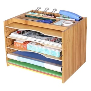 This natural bamboo office book, magazine, and <b>file</b> rack/organizer box features adjustable shelves for efficient <b>storage</b>. - Product Image 1