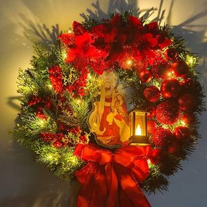 Guirlande de Noël en plastique avec lampe à huile LED, poinsettia artificiel, décoration de porte d'entrée, rouge, or, argent, à suspendre au mur ou à la fenêtre - Product Image 2