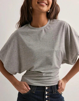 Camiseta Corta de Algodón con Manga Murciélago y Cintura Fruncida Personalizada, Ajuste Delgado, Ropa para Mujer