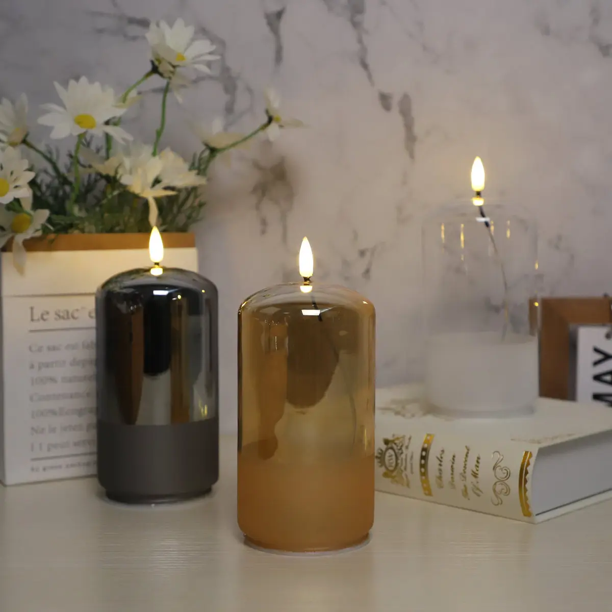 Handmade small pillar white gold smoke grey black clear led glass smokeless flameless candle lights set with timer function