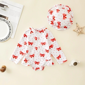 <span class=keywords><strong>Maillot</strong></span> de <span class=keywords><strong>bain</strong></span> une pièce imprimé avec nœud papillon pour bébés filles, avec chapeau, protection solaire, manches longues, en polyester, pour enfants de 0 à 2 ans - Product Image 4