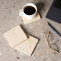Lot de 6 sous-verres en travertin naturel avec support en bois Sous-verre à café à rangement facile avec tapis antidérapant Sous-verre de table à manger familial