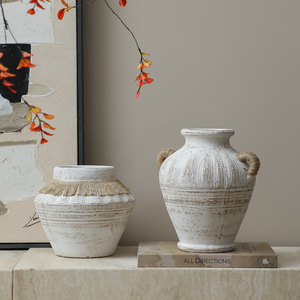 테라코타 도자기 화병, 넓은 입구 와비사비 핸드메이드 친환경 웨딩 홈 데코 탁상용 꽃병, 짚 로프 손잡이 - Product Image 1