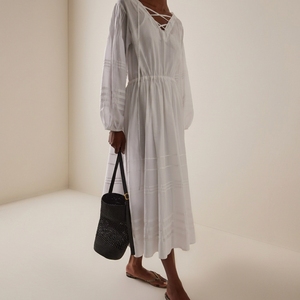 <span class=keywords><strong>Abito</strong></span> <span class=keywords><strong>Midi</strong></span> Casual da Donna in Cotone Bianco con Scollo a V <span class=keywords><strong>Incrociato</strong></span>, Maniche Lunghe a Sbuffo e Vita con Coulisse, Vestito Ampio per Spiaggia e Vacanze - Product Image 1