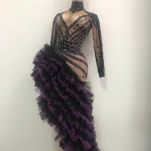 2022 Black Evening Gowns Sexy Custom Crystal Stone Tassel Evening Dress Dance Costumes With Diamond Chain