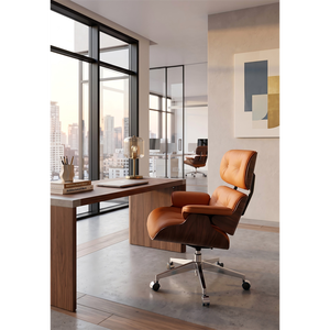 Chaise de bureau de direction en cuir de style moderne <span class=keywords><strong>du</strong></span> milieu <span class=keywords><strong>du</strong></span> siècle, chaise de bureau pivotante inclinable avec coque en bois courbé, coussins épais et roulettes - Product Image 6