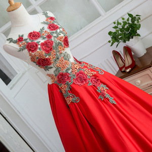 Red Floral Embroidered Evening Gown Sweetheart Neckline Empire Waist Long Dress For Women - Product Image 2