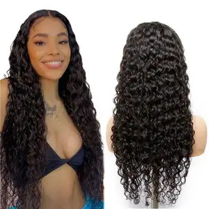 Transparent lace 100% human hair natural black water wave wigs mink virgin Brazilian hair wigs vendor closure and front wig