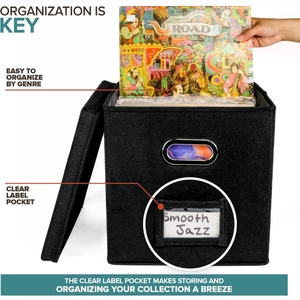 Boîte de <span class=keywords><strong>rangement</strong></span> multi-usages pour disques vinyles avec couvercle en toile et poignée pour plus de 50 LPs, organisateur de collection musicale à domicile - Product Image 4