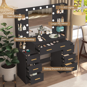 Grande <span class=keywords><strong>coiffeuse</strong></span> noire à 8 tiroirs avec lumières <span class=keywords><strong>LED</strong></span>, luminosité réglable et 3 températures de couleur, <span class=keywords><strong>miroir</strong></span> en bois pour chambre à coucher - Product Image 4