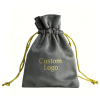 Pochette à cordon en velours suédé gris avec logo personnalisé en feuille d'or, sac de rangement en tissu doux pour bijoux, bibelots, petits objets, emballage cadeau