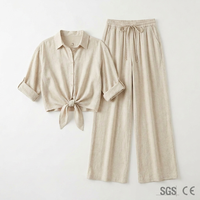Ensemble pantalon décontracté 2 pièces en lin (55%) et viscose (45%) pour femme, pantalon large et chemise à manches courtes, tenue de villégiature estivale, personnalisable OEM, grandes tailles