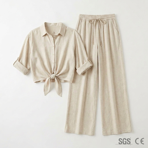 Completo Due Pezzi in Misto <span class=keywords><strong>Lino</strong></span> per <span class=keywords><strong>Donna</strong></span>, <span class=keywords><strong>Pantaloni</strong></span> a Gamba Larga e Camicia a Maniche Corte, Abbigliamento Estivo da Resort con Logo Personalizzato - Product Image 1
