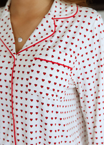 Ensemble de pyjama personnalisé pour femme, imprimé cœurs blancs, en bambou, manches longues, boutonné, micro-modal, vêtements de détente, vente en gros, VN - Product Image 5