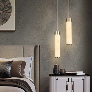 Long Cylinder Pendant <b>Light</b> Natural Marble <b>LED</b> Bedroom Bedside Lamp Modern Chinese Style Villa <b>Bar</b> Counter Lighting - Product Image 3