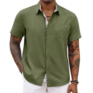 Camisa de Lino de Verano para Hombre con Logotipo Personalizado, Manga Corta, Cuello con Solapa, Lisa y Estampada, Estilo Hawaiano a Rayas, con Botones Ocultos, para la Playa - Product Image 1