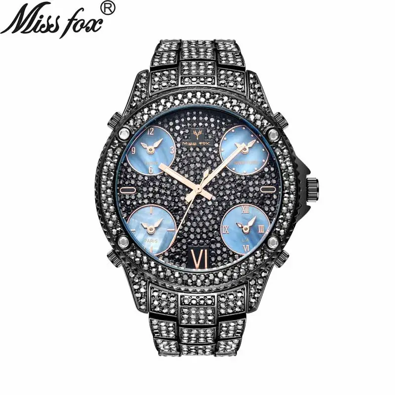 Luxury Brand Multiple Time Zone Quartz Analog Watches Miss Fox Brand Mens Large Dial Full Diamond Hiphop Dress Watch