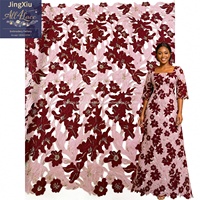 Tissu en dentelle de luxe rose poudré bordeaux, guipure florale 3D, appliqué en velours, broderie perlée et sequins, pour robe de soirée et robe de mariée