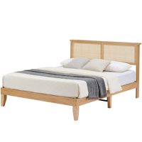 Cadre de lit Queen en MDF Combohome avec rotin, tête de lit en rotin naturel, cadre de lit Queen avec éclairage LED
