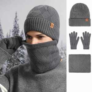 <b>Winter</b> Men's Knitted <b>Hat</b> Scarf with Fleece Lining Double-Layer Thickened Scarf Gloves and Beanie <b>Hat</b> Three-Piece Set - Product Image 1