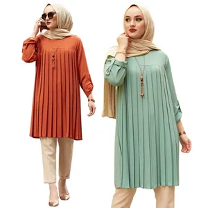 Moslim Blouse Shirt Vrouwen Modest Chiffon Overhemd Geplooide Zoom Losse Tops Islam Lange Blouses Maleis Dubai Arabische Islamitische Kleding