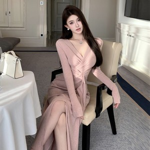 French Style V-neck Knotted Dress Long Sleeve Bodycon <b>Wrap</b> Tie Irregular Hem Evening Dress <b>Pink</b> - Product Image 4