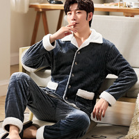 Ensemble de pyjama en polaire corail pour homme, doux, confortable, respirant, à manches longues, vêtements de nuit, vêtements de maison, tenue de détente
