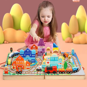 Jouet de ville créatif Montessori à faire soi-même pour les enfants âgés de 3 à 6 ans, ensemble de blocs de construction de train électrique en <span class=keywords><strong>bois</strong></span>, jeu éducatif - Product Image 2