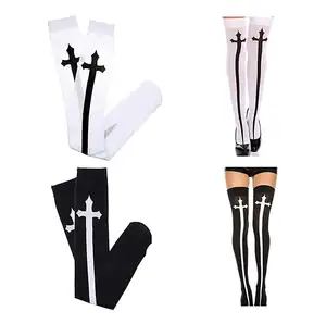 Halloween Dress Up Themed Party Thigh High Stockings Black and White Printed Cross Sword Design Cosplay Gothic Socks for Women