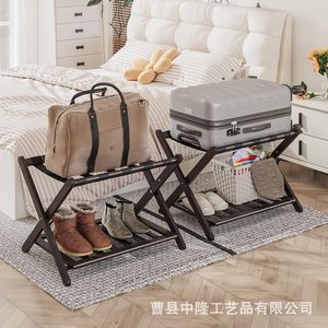 Solid wood double-layer <b>foldable</b> luggage rack with shoe rack, heavy-duty luggage storage rack for hotel bedrooms, and <b>suitcase</b> - Product Image 5