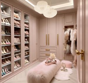 Cabina Armadio di Lusso <span class=keywords><strong>Rosa</strong></span> Cipria - Armadi Porta Scarpe in Vetro e Finiture Dorate, Illuminazione a LED, Appendiabiti Aperto per un Elegante Arredamento - Product Image 2