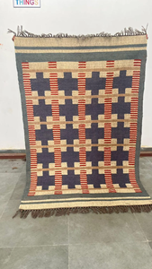 Tapis géométrique en laine et jute tissé à la main |   Tapis Bohème à Franges Bleu Rouge Crème pour Salon Chambre Décoration Maison - Product Image 4