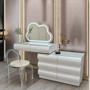 Table de vanité de chambre d'appartement moderne nordique <span class=keywords><strong>grande</strong></span> <span class=keywords><strong>commode</strong></span> d'armoire latérale avec tabouret rond de miroir de LED Table de maquillage en bois de MDF blanc - Product Image 2