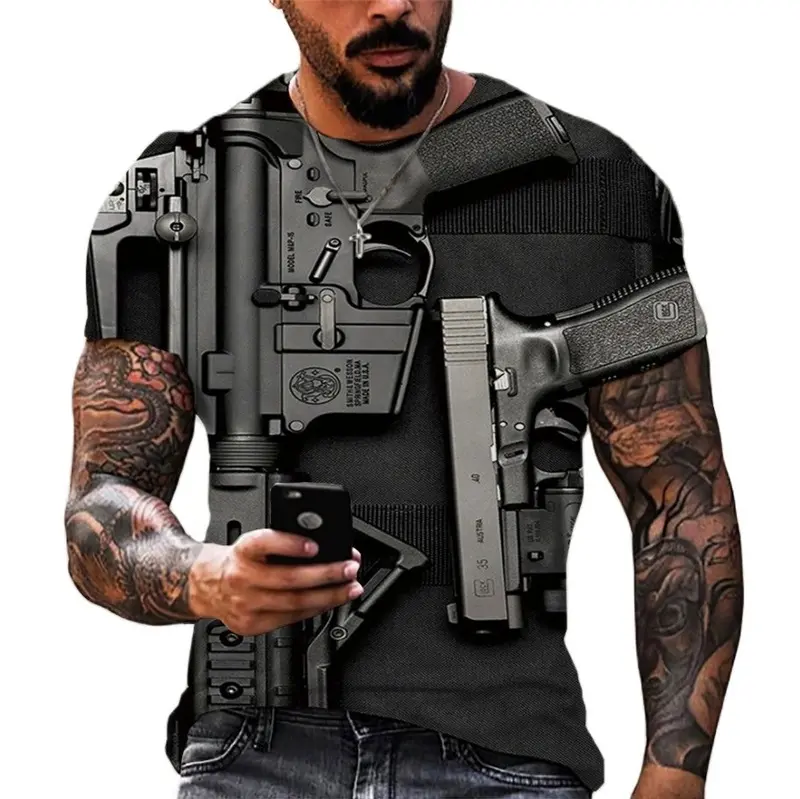 Camiseta de manga corta para hombre, camisetas gráficas divertidas con estampado 3D de pistola, ropa de calle, camisetas informales de gran tamaño Punk Gun, ropa para Hombre