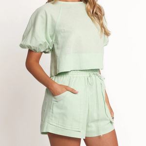 New Arrival Linen Set Red Casual Daily Linen <b>Top</b> for Ladies Casual <b>Bubble</b> Sleeve High Rise Linen Short Sets for Women - Product Image 4