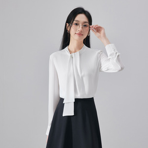 Women's White Chiffon Long Sleeve Shirt With Wrap <b>Tie</b> Office Formal Top Spring Autumn 2025 Solid Color <b>Polyester</b> Blouse - Product Image 4