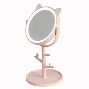 1Pcs Makeup LED Mirror Table Desktop Countertop Base Use Pink Cat ear LED Mirror With USB Cable