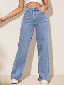 Jeans de Mujer de Verano, Cintura Alta, Pierna Recta, Botones, Lavado Claro, Denim, Casual, Uso Diario, Largo Completo, Corte Regular, 100% Algodón - Product Image 3