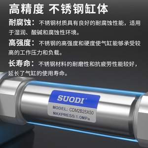 กระบอกสูบขนาดเล็ก Suodi รุ่น Cdm2b25 25 50 75 100 125 150 200 300z สแตนเลส สตีล แบบสองทาง พร้อมเกลียวเชื่อมต่อ - Product Image 4